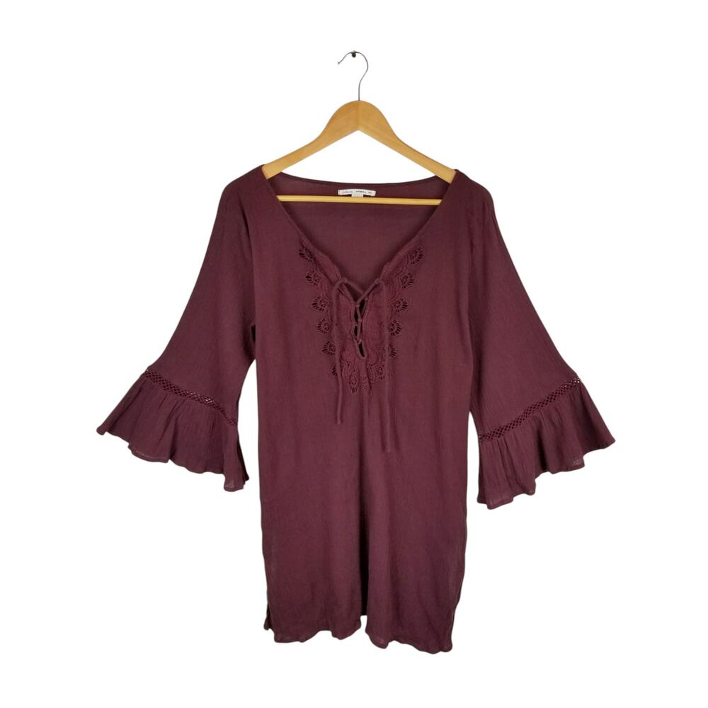O'Neill Saltwater Burgundy Gauze Embroidered Bell Sleeve Beach Cover Up Large - Picture 2 of 10